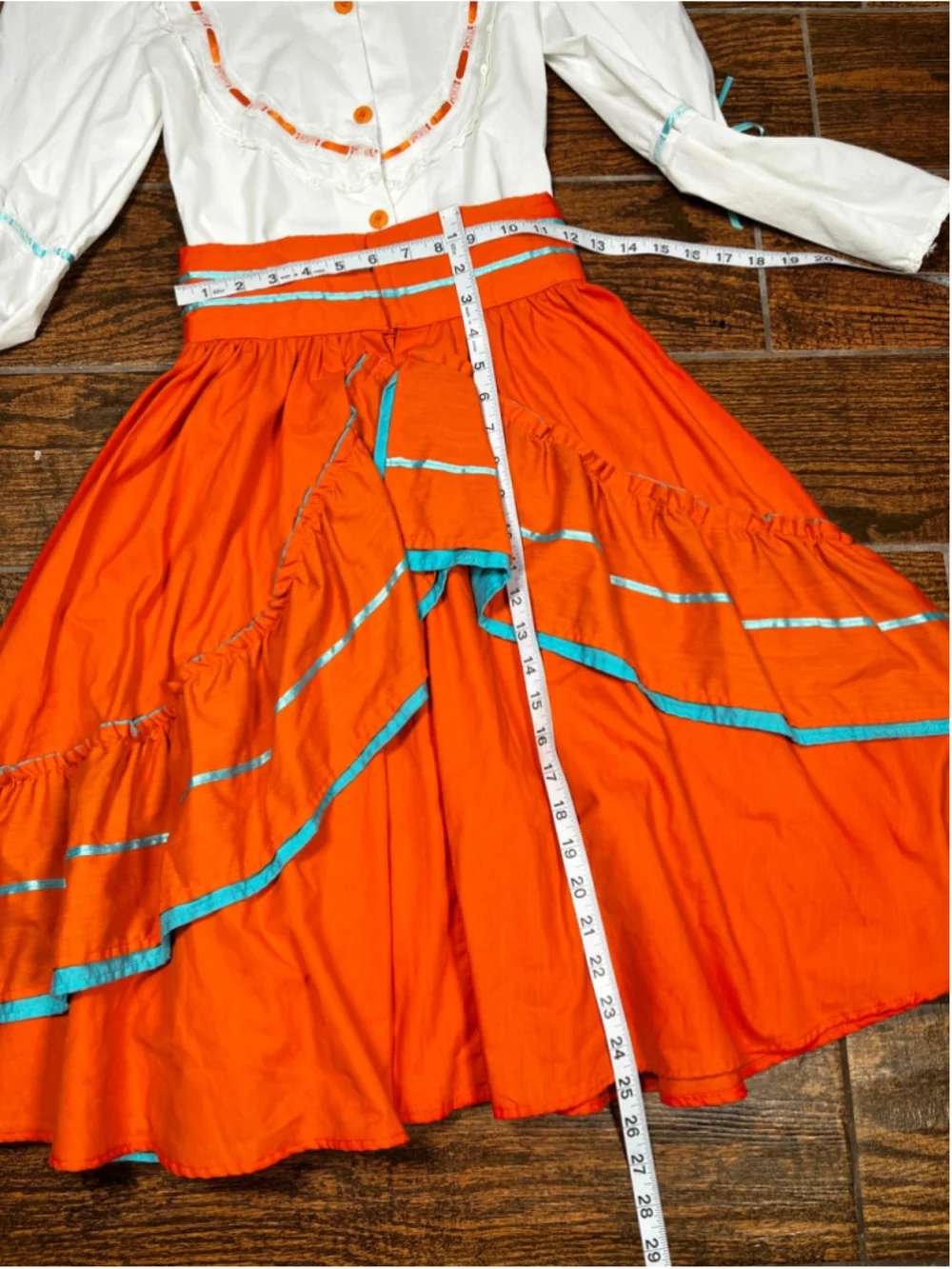 Girls Traditional Mexican Folklorico Costume Orange White Theater Dress 10-12